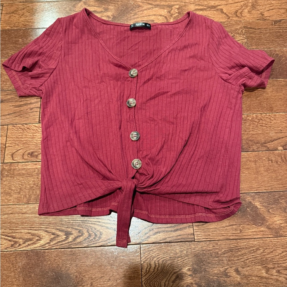 SHEIN Burgundy Button-Down Shirt with Tie Front